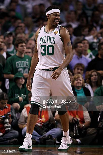 Rasheed Wallace of the Boston Celltics celebrates a play near the end against the game of the Los Angeles Lakers during Game Four of the 2010 NBA...