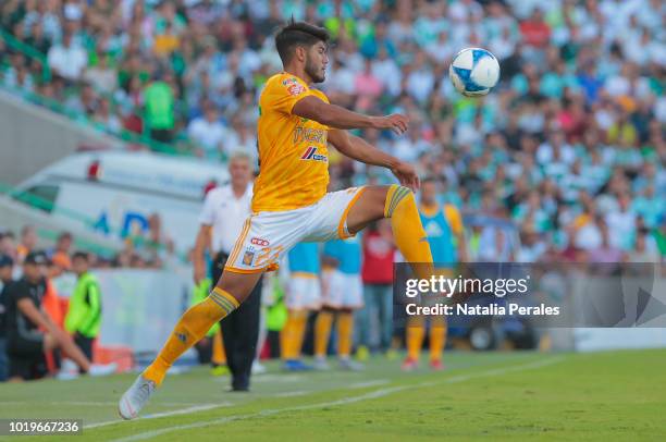 Jair Diaz of Tigres controls the ball during the fifth round match between Santos Laguna and Tigres UANL as part of the Torneo Apertura 2018 Liga MX...