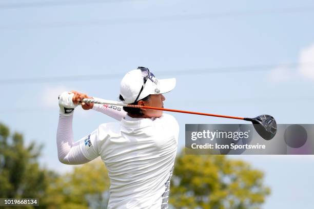Golfer Amy Yang tees off on the 5th hole during the final round of the Indy Women In Tech on August 19, 2018 at the Brickyard Crossing Golf Club in...