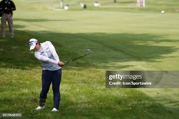 Golfer Amy Yang hits a shot out of the rough on the 5th hole during the final round of the Indy Women In Tech on August 19, 2018 at the Brickyard...