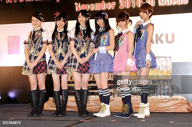 Members of Japanese girl group AKB48 and SKE48 attend a press conference to promote their up-coming concert on June 10, 2010 in Macau, China.