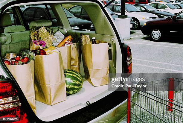 groceries in back of car, parked in parking lot (cross processed) - buying car ストックフォトと画像