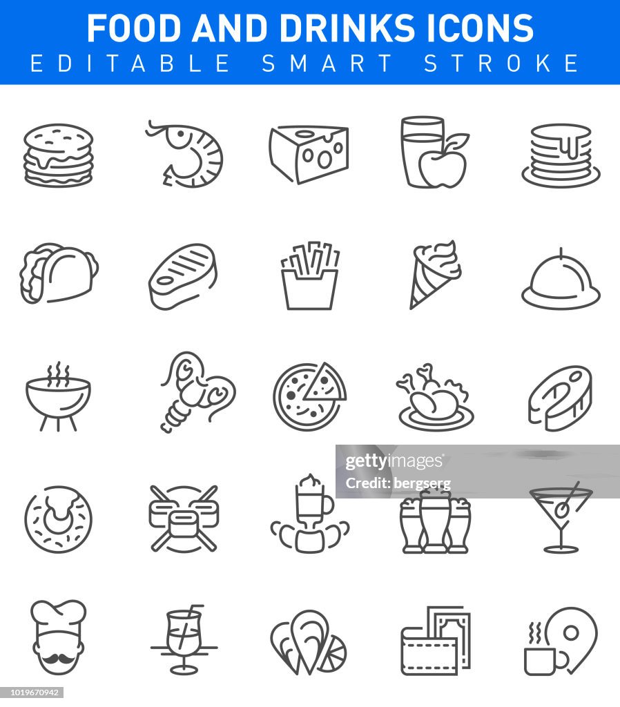 Restaurant Food and Drinks Icons. Editable stroke