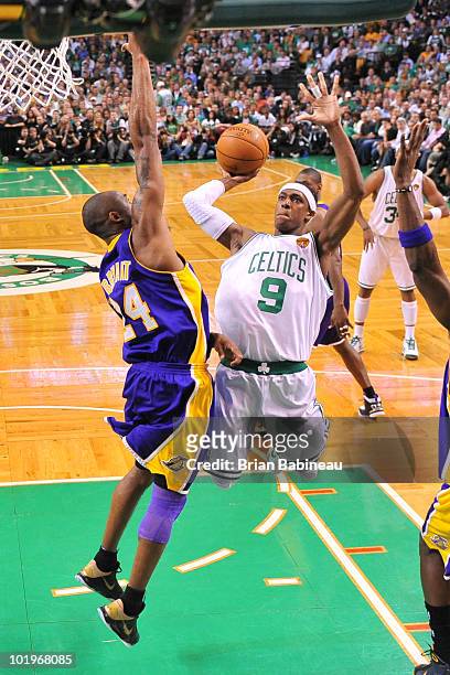 Rajon Rondo of the Boston Celtics drives to the basket against Kobe Bryant of the Los Angeles Lakers in Game Four of the 2010 NBA Finals on June 10,...