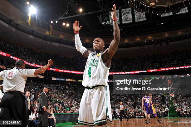 Nate Robinson of the Boston Celtics celebrates against the Los Angeles Lakers in Game Four of the 2010 NBA Finals on June 10, 2010 at TD Garden in...