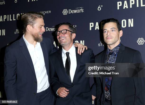 Charlie Hunnam, Michael Noer and Rami Malek attend the Los Angeles premiere of Bleecker Street Media's "Papillon" held at The London West Hollywood...