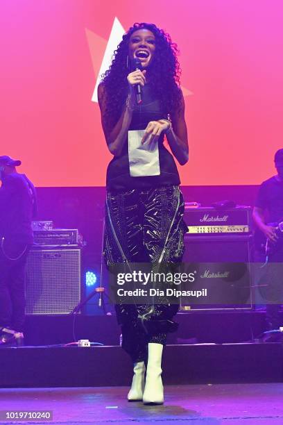 Winnie Harlow speaks onstage during the MTV VMA Kickoff Concert presented by DirecTV Now at Terminal 5 on August 19, 2018 in New York City.