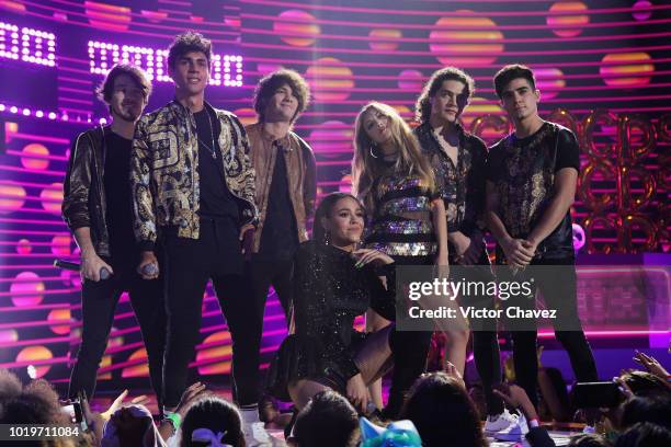 Danna Paola and CD9 perform on stage with Los Polinesios during the Nickelodeon Kids' Choice Awards Mexico 2018 at Auditorio Nacional on August 19,...