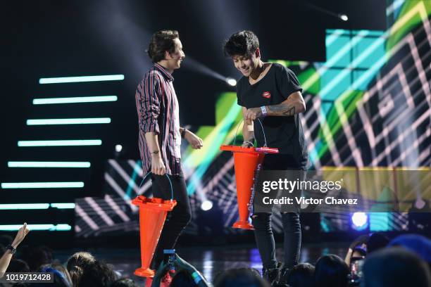 Andy Zurita and Mario Ruiz on stage during the Nickelodeon Kids' Choice Awards Mexico 2018 at Auditorio Nacional on August 19, 2018 in Mexico City,...