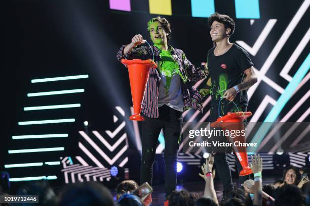 Andy Zurita and Mario Ruiz on stage during the Nickelodeon Kids' Choice Awards Mexico 2018 at Auditorio Nacional on August 19, 2018 in Mexico City,...