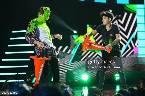 Andy Zurita and Mario Ruiz on stage during the Nickelodeon Kids' Choice Awards Mexico 2018 at Auditorio Nacional on August 19, 2018 in Mexico City,...