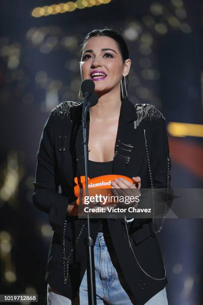 Maite Perroni speaks during the Nickelodeon Kids' Choice Awards Mexico 2018 at Auditorio Nacional on August 19, 2018 in Mexico City, Mexico.