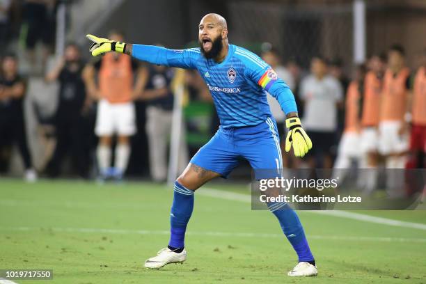 Tim Howard of Colorado Rapids gives direction to teammates ahead of a free kick for the Los Angeles FC at Banc of California Stadium on August 19,...
