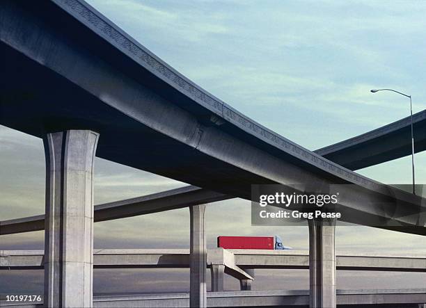 truck driving on highway (digital enhancement) - carretera elevada fotografías e imágenes de stock