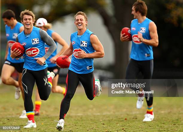 Daniel Harris of the Gold Coast warms up during a Gold Coast football club training session at Wesley College Oval on June 11, 2010 in Melbourne,...