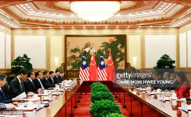 Malaysia's Prime Minister Mahathir Mohamad speaks during a meeting with China's Premier Li Keqiang at the Great Hall of the People in Beijing on...