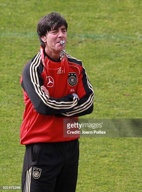 Head coach Joachim Loew of Germany blows a whistle during training session at Super stadium on June 11, 2010 in Pretoria, South Africa.