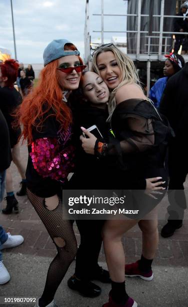 Bella Thorne, Bhad Bhabie, and Tana Mongeau pose backstage during Day 2 of Billboard Hot 100 Festival at Northwell Health at Jones Beach Theater on...