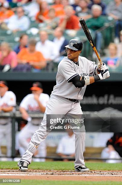 Robinson Cano of the New York Yankees bats against the Baltimore Orioles at Camden Yards on June 9, 2010 in Baltimore, Maryland.