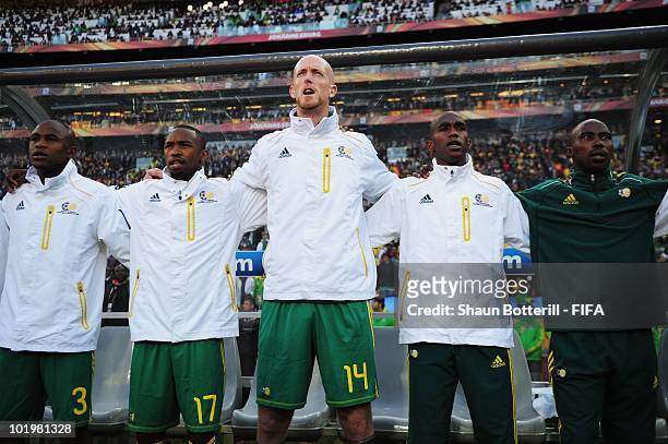 Players of South Africa sing the National anthem prior to the 2010 FIFA World Cup South Africa Group A match between South Africa and Mexico at...