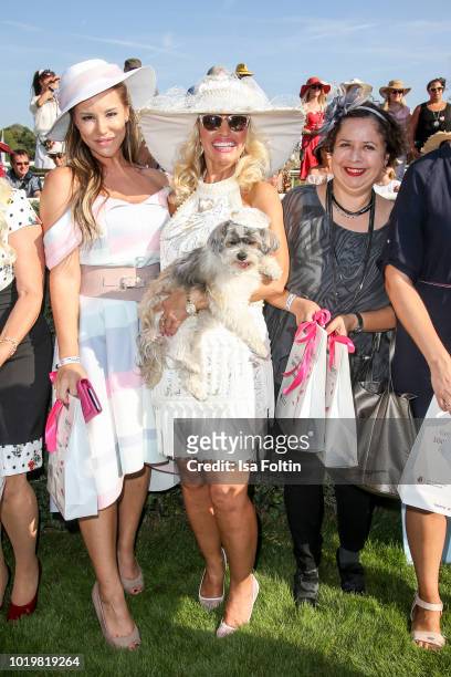 Musical actress Kathy Savannah Krause, Carola Rau with her dog Daisy and German actress Franziska Traub during the Audi Ascot Race Day 2018 on August...