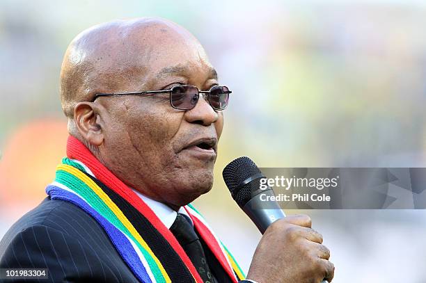 President of South Africa Jacob Zuma addresses the crowd before the 2010 FIFA World Cup South Africa Group A match between South Africa and Mexico at...