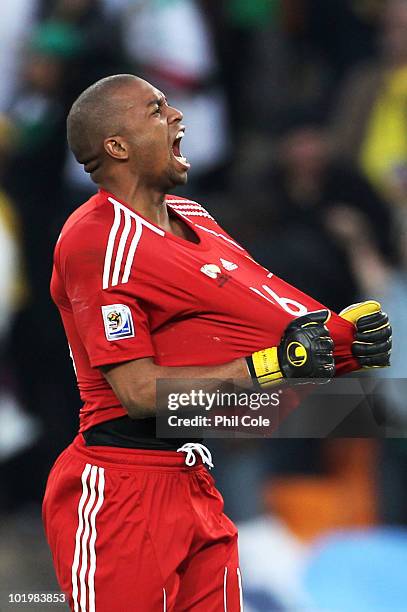 Itumeleng Khune of South Africa celebrates the goal by Siphiwe Tshabalala during the 2010 FIFA World Cup South Africa Group A match between South...