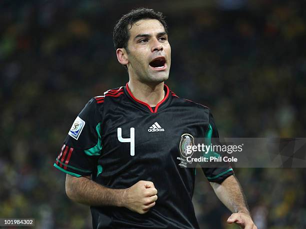 Rafael Marquez of Mexico celebrates after scoring the second goal to equalise during the 2010 FIFA World Cup South Africa Group A match between South...