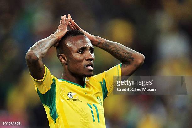 Teko Modise of South Africa gestures during the 2010 FIFA World Cup South Africa Group A match between South Africa and Mexico at Soccer City Stadium...