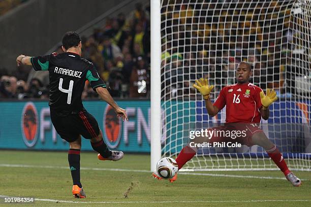 Rafael Marquez of Mexico scores the second goal past Itumeleng Khune of South Africa to equalise during the 2010 FIFA World Cup South Africa Group A...