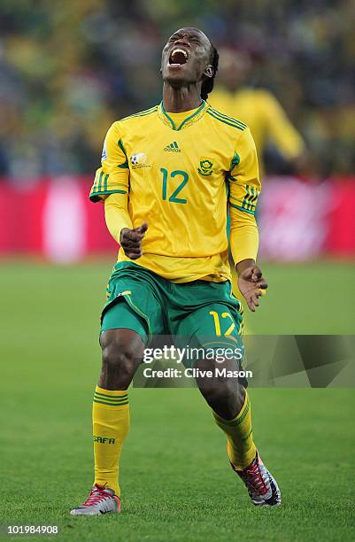 Reneilwe Letsholonyane of South Africa reacts during the 2010 FIFA World Cup South Africa Group A match between South Africa and Mexico at Soccer...