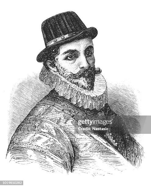 admiral sir john hawkins (auch buchstabiert als hawkyns) (1532 – 12. november 1595) war eine englische sklavenhändler, marine-kommandant und administrator, kaufmann, navigator, schiffsbauer und freibeuter - johannes der evangelist stock-grafiken, -clipart, -cartoons und -symbole