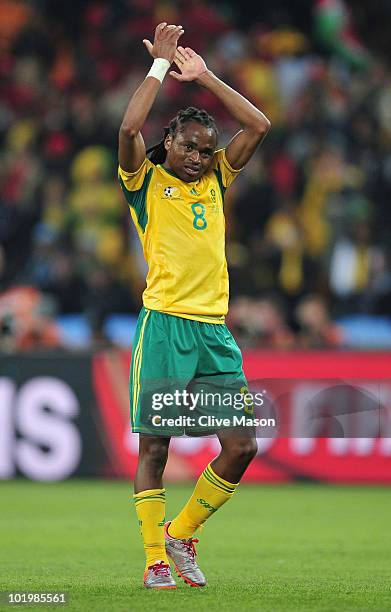 Siphiwe Tshabalala of South Africa applauds the fans after the 2010 FIFA World Cup South Africa Group A match between South Africa and Mexico at...