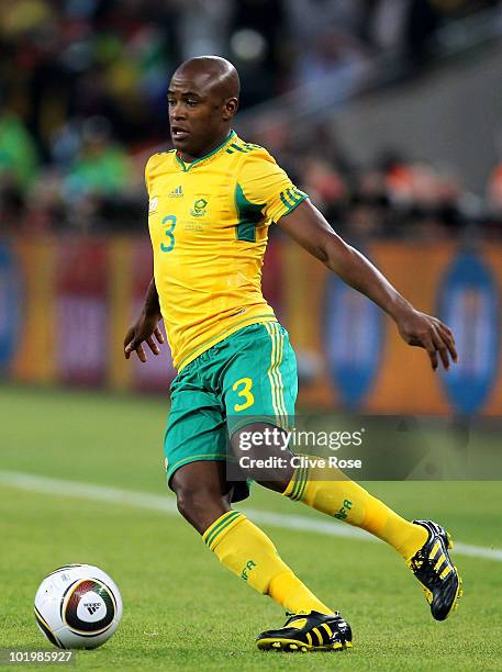 Tsepo Masilela of South Africa controls the ball during the 2010 FIFA World Cup South Africa Group A match between South Africa and Mexico at Soccer...