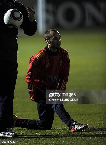 Spain's midfielder Andrés Iniesta takes part in the first team training session at North West University Sports Village on June 11, 2010 in...