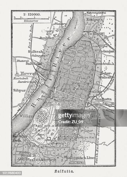 old city map of kolkata (calcutta), wood engraving, published in 1897 - hooghly river stock illustrations