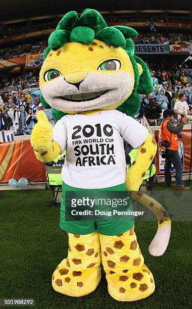 World Cup mascot Zakumi arrives to the 2010 FIFA World Cup South Africa Group A match between Uruguay and France at Green Point Stadium on June 11,...