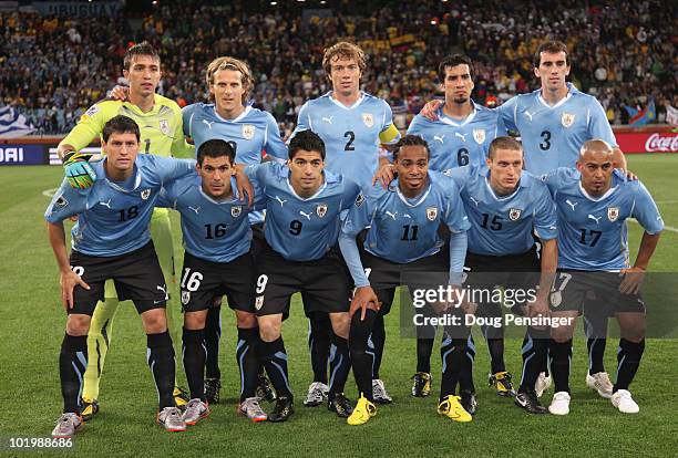 The Uruguay team line up ahead of the 2010 FIFA World Cup South Africa Group A match between Uruguay and France at Green Point Stadium on June 11,...