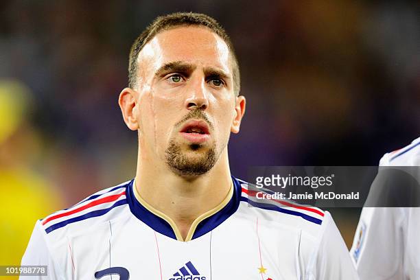 Franck Ribery of France stands in the line up ahead of the 2010 FIFA World Cup South Africa Group A match between Uruguay and France at Green Point...