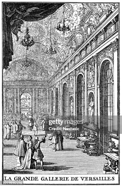 illustrations, cliparts, dessins animés et icônes de la galerie des glaces, en 1684 par sébastien leclerc (1637-1714) (français : grande galerie ou galerie des glaces) est la galerie centrale du château de versailles à versailles, france - style baroque