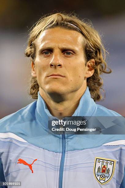 Diego Forlan of Uruguay ahead of the 2010 FIFA World Cup South Africa Group A match between Uruguay and France at Green Point Stadium on June 11,...
