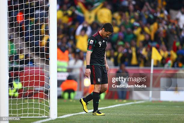 Guillermo Franco of Mexico reacts during a match against South Africa as part of 2010 FIFA World Cup at Soccer City stadium on June 11, 2010 in South...