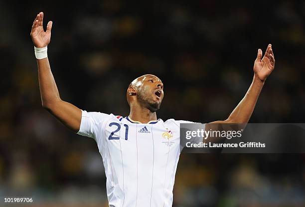 Nicolas Anelka of France gestures in frustration during the 2010 FIFA World Cup South Africa Group A match between Uruguay and France at Green Point...