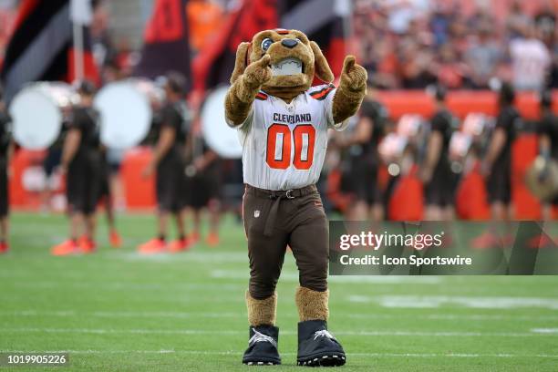 Cleveland Browns mascot Chomps on the field prior to the National Football League preseason game between the Buffalo Bills and Cleveland Browns on...