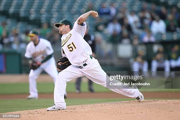 Dallas Braden of the Oakland Athletics pitches against the Los Angeles Angels of Anaheim during an MLB game at the Oakland-Alameda County Coliseum on...