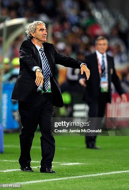 Raymond Domenech head coach of France gestures during the 2010 FIFA World Cup South Africa Group A match between Uruguay and France at Green Point...