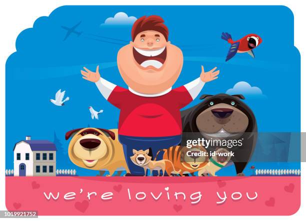 boy and pets greeting - small dog outside stock illustrations