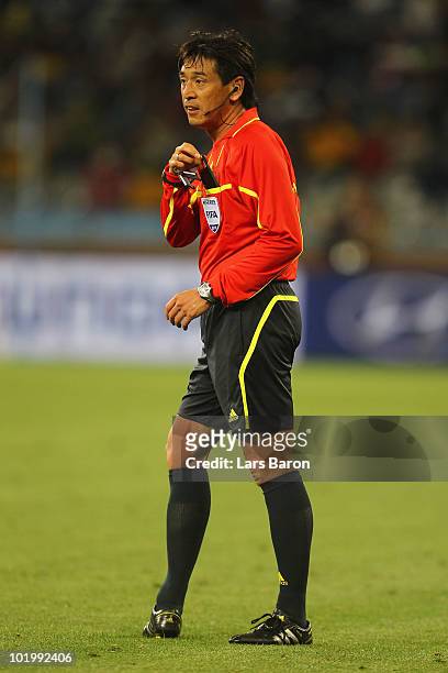 Referee Yuichi Nishimura officiates during the 2010 FIFA World Cup South Africa Group A match between Uruguay and France at Green Point Stadium on...