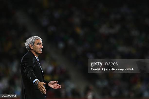 Raymond Domenech head coach of France gestures during the 2010 FIFA World Cup South Africa Group A match between Uruguay and France at Green Point...