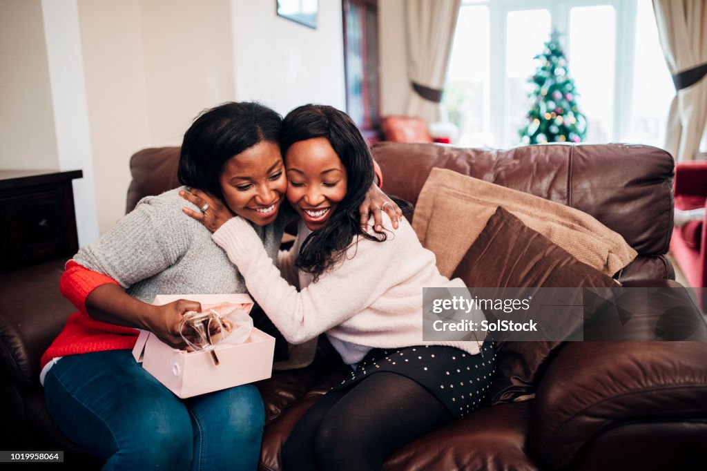 Dando a su hermana un regalo de Navidad